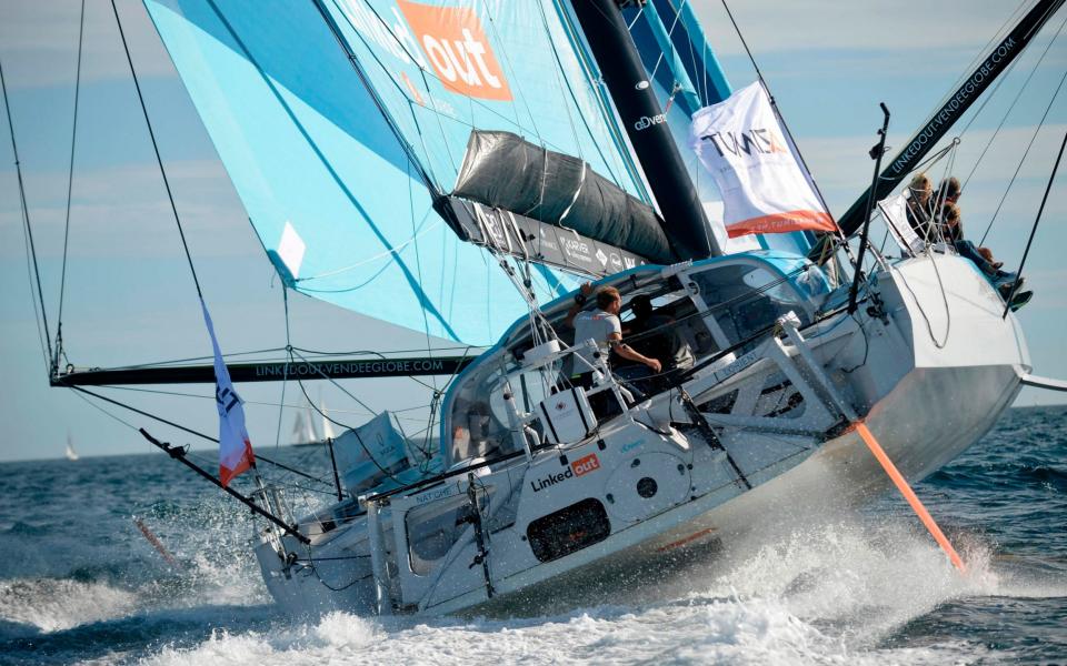  French skipper Thomas Ruyant sails on his Imoca 60 monohull LinkedOut during the "Azimut trophy - AFP