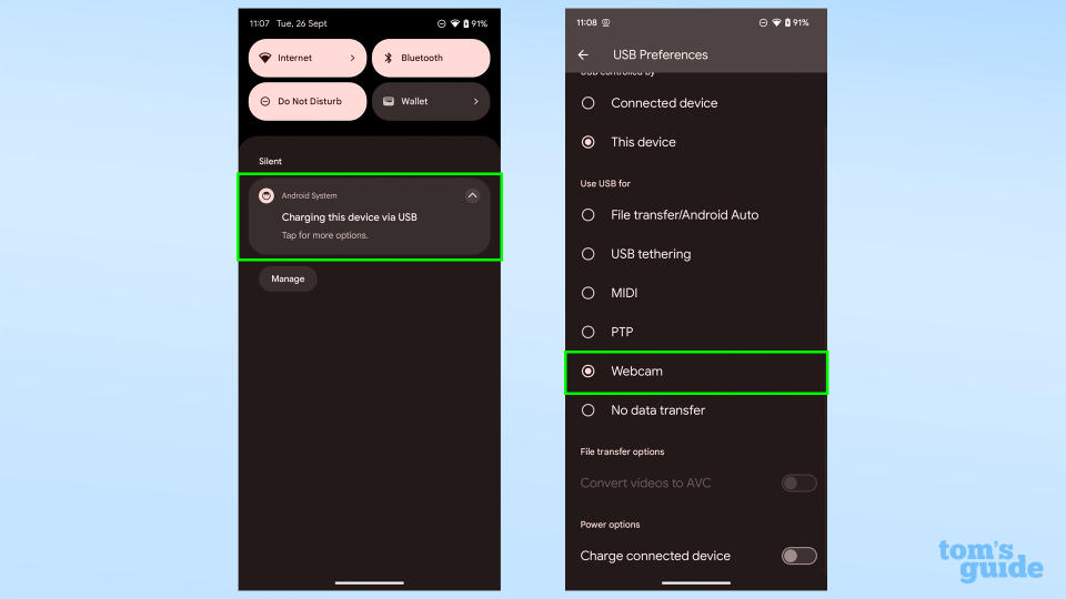 Two screenshots showing how to change an Android device plugged into a computer to Webcam mode