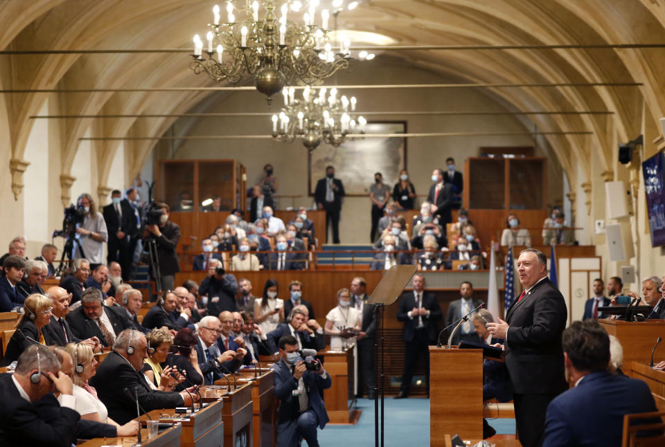 U.S. Secretary of State Mike Pompeo, right, speaks during a meeting of the senate in Prague, Czech Republic, Wednesday, Aug. 12, 2020. U.S. Secretary of State Mike Pompeo is in Czech Republic at the start of a four-nation tour of Europe. Slovenia, Austria and Poland are the other stations of the trip. (AP Photo/Petr David Josek, Pool)