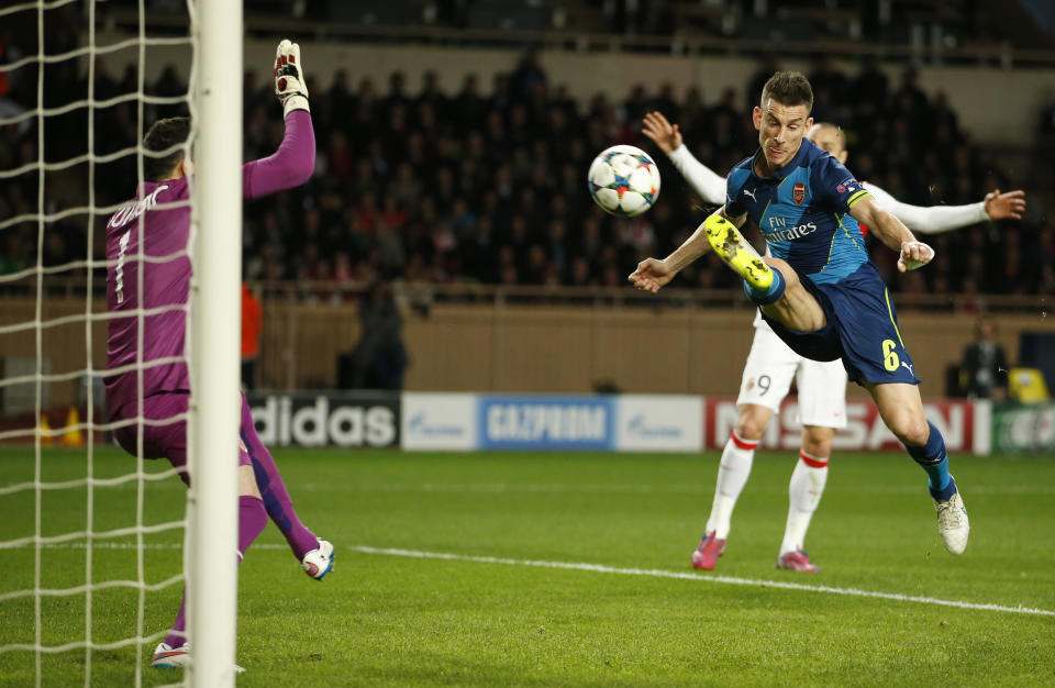 Football - AS Monaco v Arsenal - UEFA Champions League Second Round Second Leg - Stade Louis II, Monaco - 17/3/15 Arsenal's Laurent Koscielny misses a chance to score Action Images via Reuters / John Sibley Livepic EDITORIAL USE ONLY.