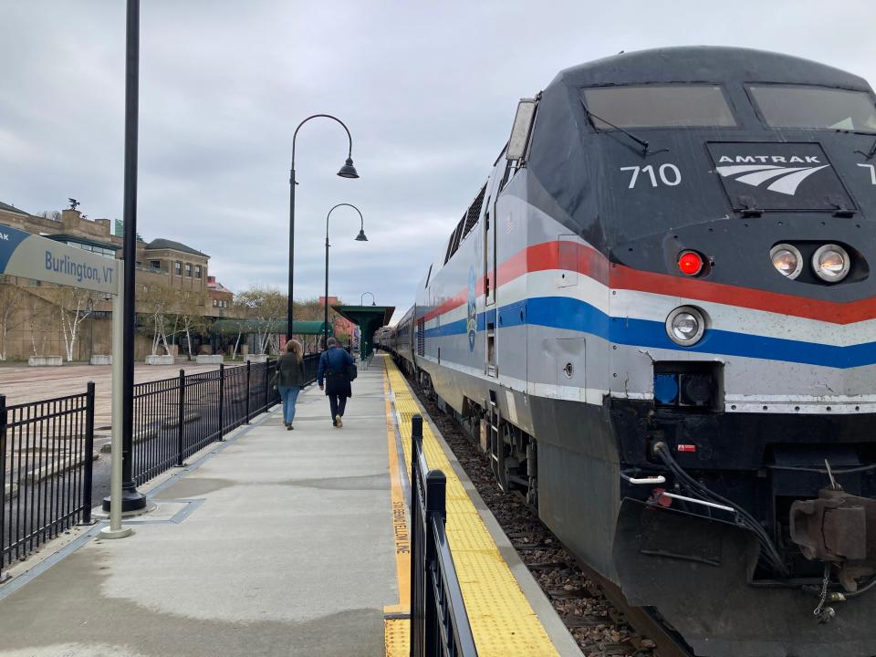 An Amtrak train waits to take passengers from Union Station in Burlington on April 28, 2024.