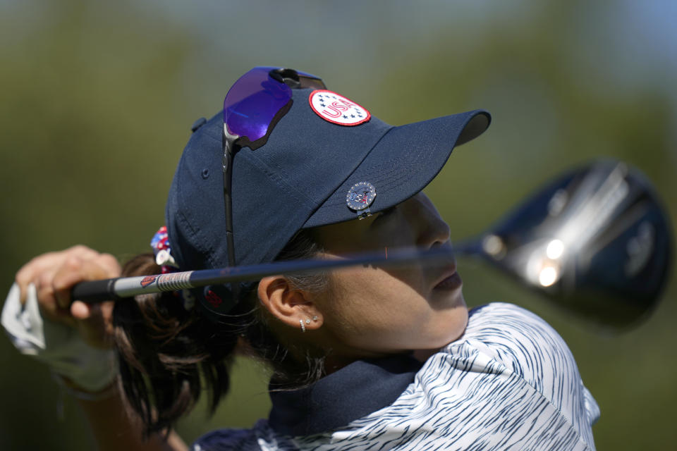 United States' Rose Zhang plays her tee shot on the 9th hole during the afternoon fourball match at the Solheim Cup golf tournament in Finca Cortesin, near Casares, southern Spain, Saturday, Sept. 23, 2023. Europe play the United States in this biannual women's golf tournament, which played alternately in Europe and the United States. (AP Photo/Bernat Armangue)