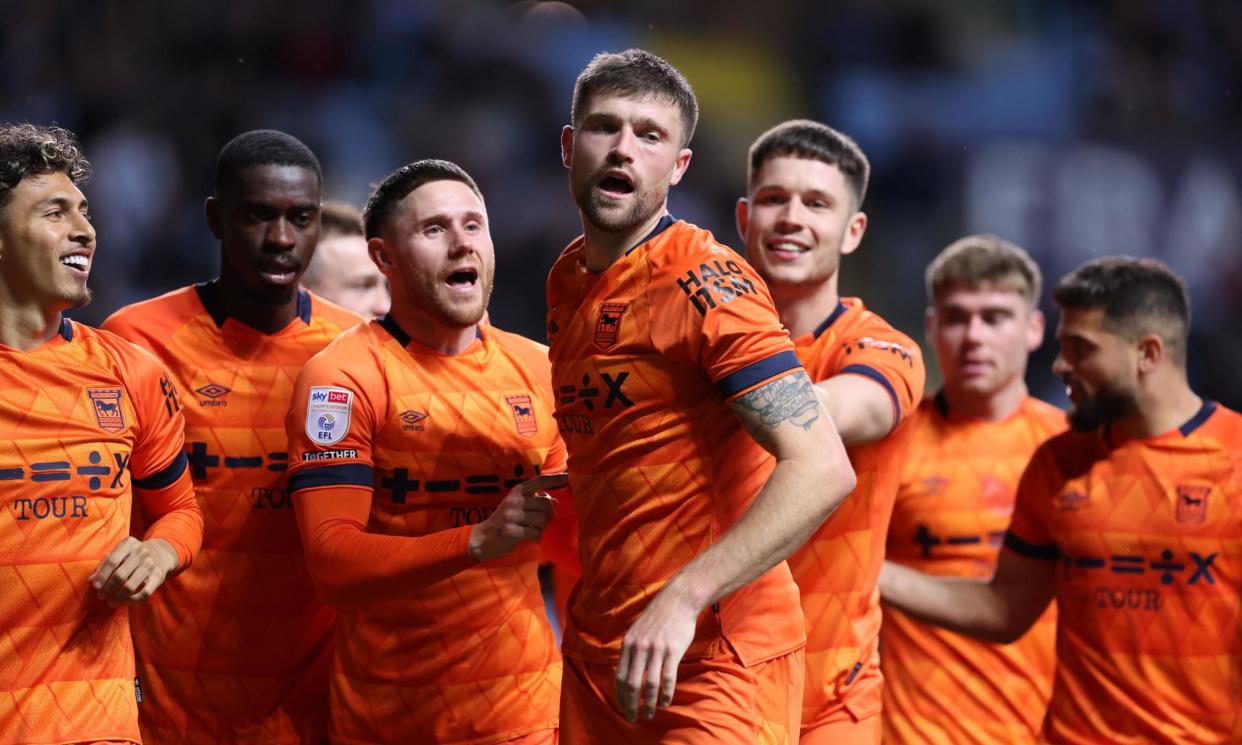 <span>Cameron Burgess celebrates scoring a goal against Coventry City last month that put Ipswich Town on the cusp of promotion to the Premier League.</span><span>Photograph: Ryan Browne/REX/Shutterstock</span>