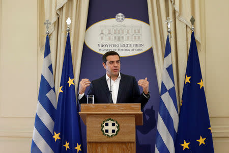 Newly appointed Greek Foreign Minister and Prime Minister Alexis Tsipras delivers a speech during a hand over ceremony at the Foreign Ministry, in Athens, Greece, October 20, 2018. REUTERS/Costas Baltas