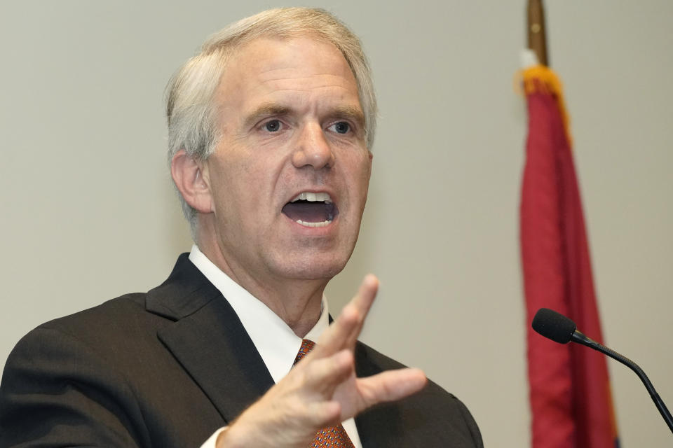 Democratic gubernatorial candidate Brandon Presley speaks on his political platform before attendees of the Mississippi Press Association annual meeting in Flowood, Miss., Friday, June 16, 2023. (AP Photo/Rogelio V. Solis)