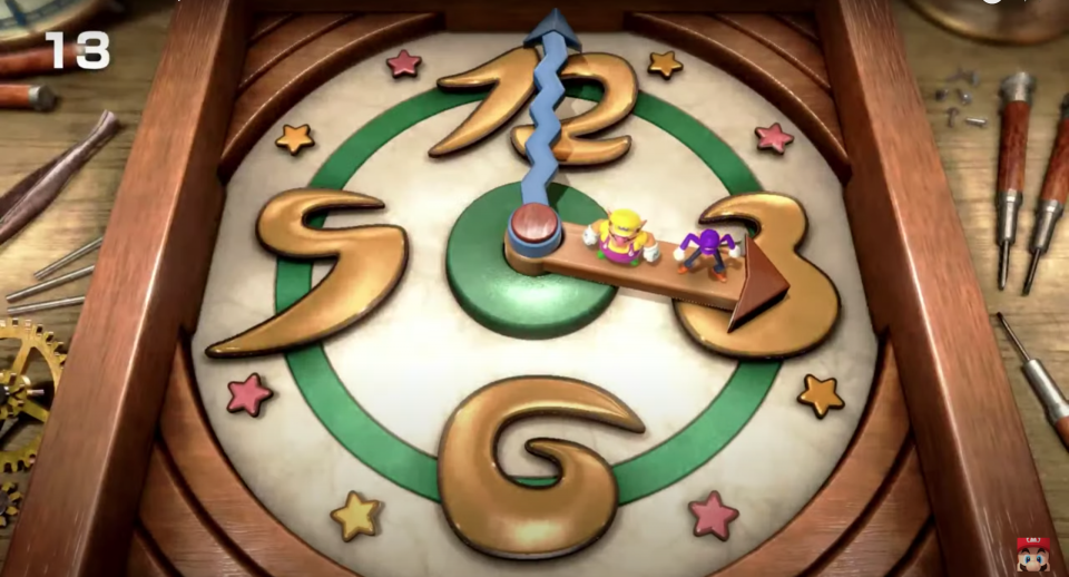 Wario and Waluigi ride on the hands of a big clock.