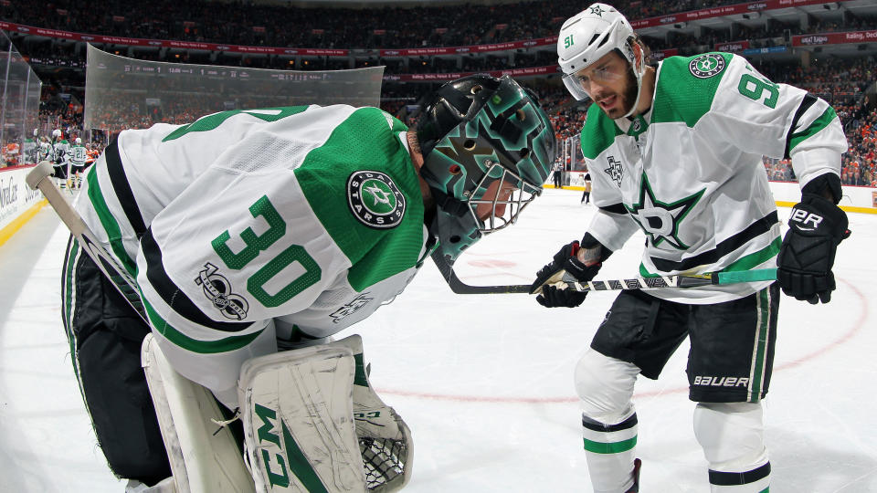 Tyler Seguin and Ben Bishop of the Dallas Stars face lengthy recoveries from injuries sustained during the 2020 Stanley Cup Playoffs.  (Len Redkoles/NHLI via Getty Images)