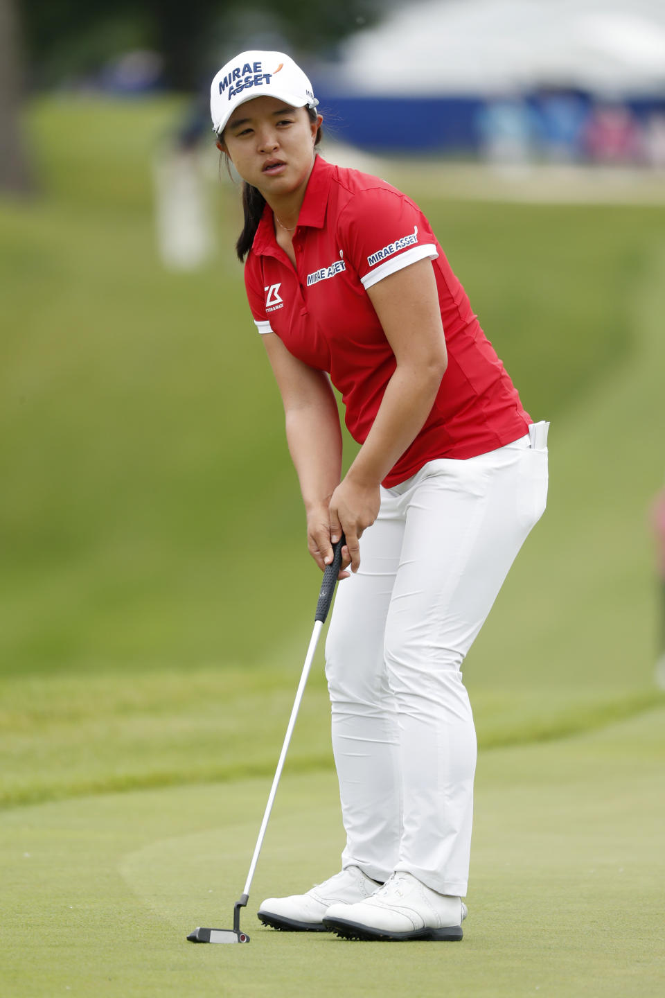 Sei Young Kim, of South Korea, watches her putt on the 18th green during the third round of the KPMG Women's PGA Championship golf tournament, Saturday, June 22, 2019, in Chaska, Minn. (AP Photo/Charlie Neibergall)