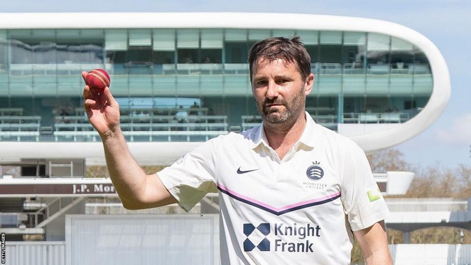 Tim Murtagh celebrates taking his 1000th wicket for Middlesex against Kent in April 2023