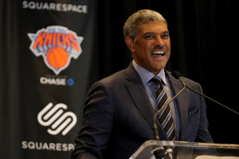 NEW YORK, NY - OCTOBER 10: New York Knicks President Steve Mills speaks at the unveiling of the Knicks' jersey sponsorship with Squarespace at Madison Square Garden on October 10, 2017 in New York City.  (Photo by Abbie Parr/Getty Images)