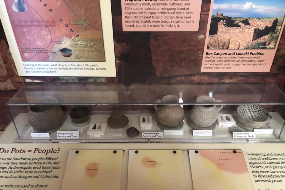 This undated photo provided by the National Park Service shows centuries-old pottery on display at Wupatki National Monument outside Flagstaff, Arizona. The monument and artifacts have been evacuated twice in spring 2022 because of wildfires. (National Park Service via AP)