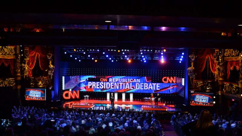 A wide shot of a Republican presidential debate stage