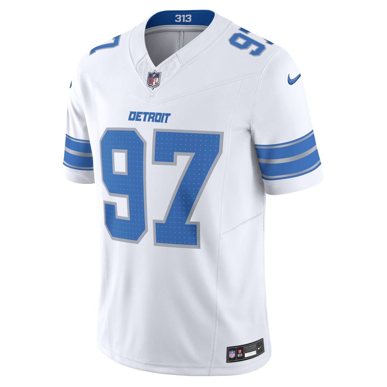 Detroit Lions new uniforms, revealed April 18, 2024. This is the Lions' new white jersey, with Honolulu Blue and silver complements.