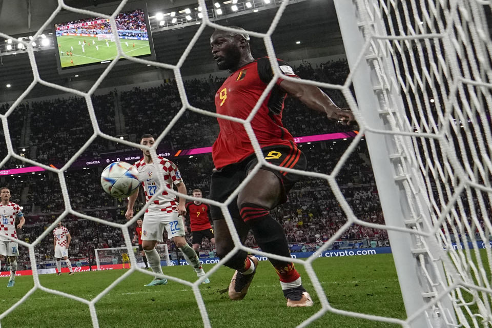 Belgium's Romelu Lukaku misses a scoring chance during the World Cup group F soccer match between Croatia and Belgium at the Ahmad Bin Ali Stadium in Al Rayyan , Qatar, Thursday, Dec. 1, 2022. (AP Photo/Ricardo Mazalan)