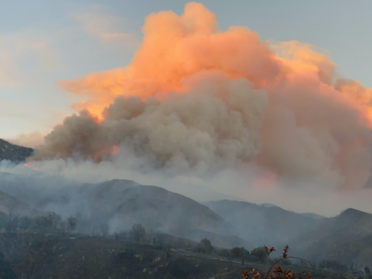 The fire department photographs show a huge plume of smoke rising from the mountainous countryside (Riverside County Fire Department/Twitter)