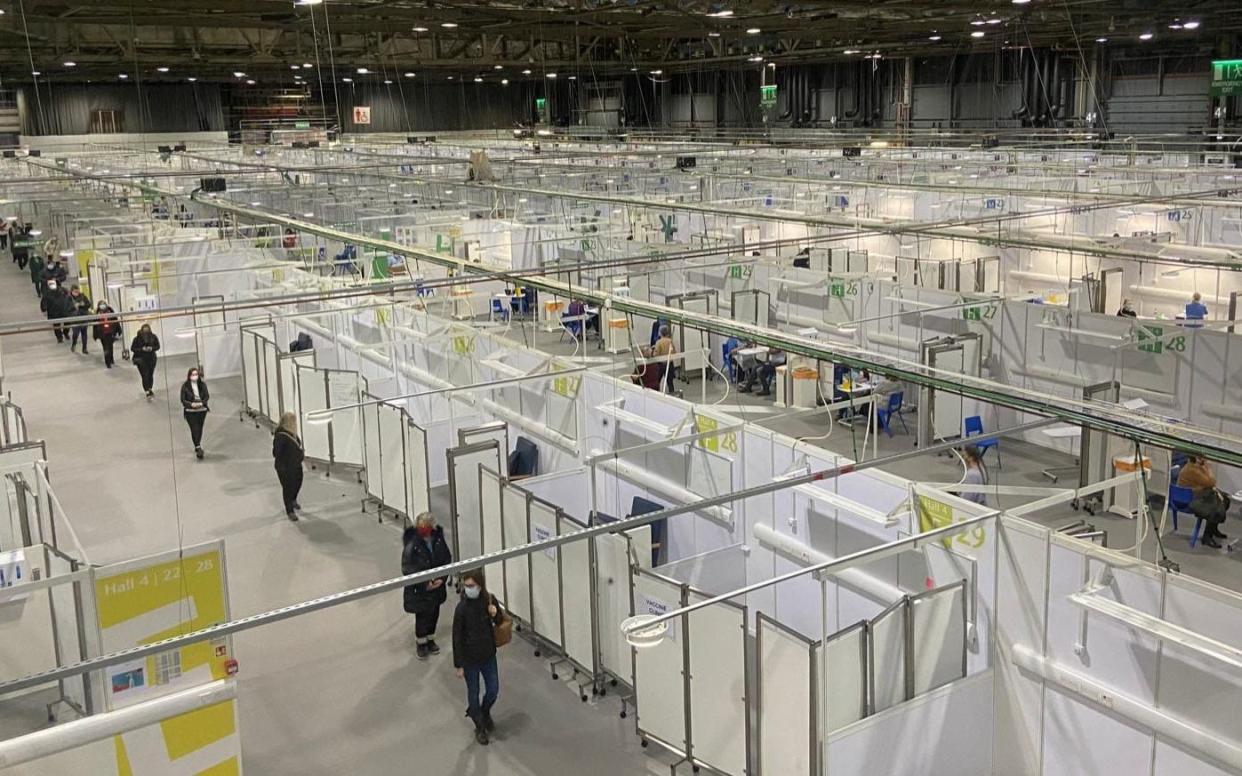 Vaccination centre at the NHS Louisa Jordan Hospital in Glasgow, where up to 5,000 health and social care staff are expected to take part in a mass coronavirus vaccination exercise - Simon Cassidy/NHS Golden Jubillee/PA