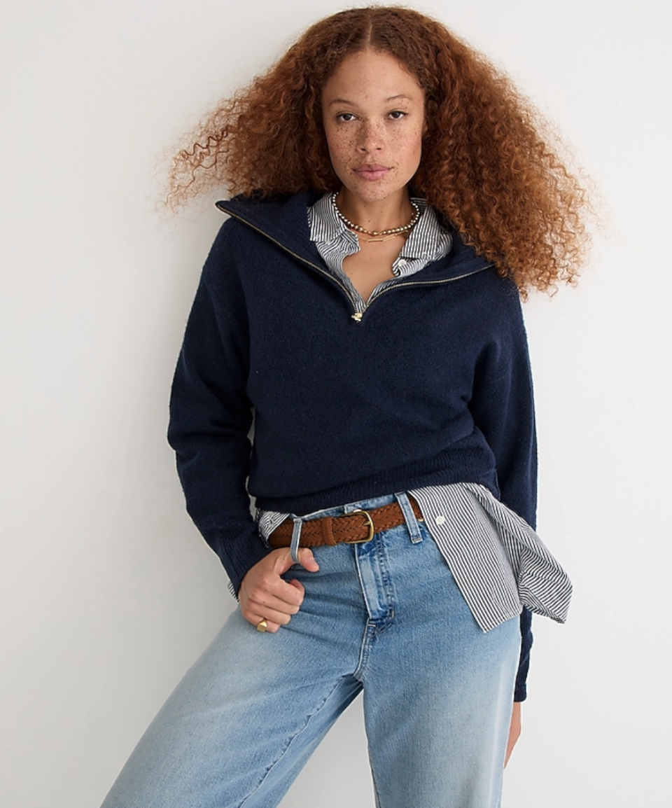 <p>jcrew.com</p><p><strong>$128.00</strong></p><p>This navy blue stretchy knit option is giving boat chic. Style it with a <a href="https://www.cosmopolitan.com/style-beauty/fashion/g40818355/oversize-button-down-shirts/" rel="nofollow noopener" target="_blank" data-ylk="slk:button down" class="link ">button down </a>shirt underneath, and keep it casual on the bottom with some jeans. And of course, you'll wanna slip into some <a href="https://www.cosmopolitan.com/style-beauty/fashion/g35395185/best-loafers-for-women/" rel="nofollow noopener" target="_blank" data-ylk="slk:loafers" class="link ">loafers</a>, too! </p>