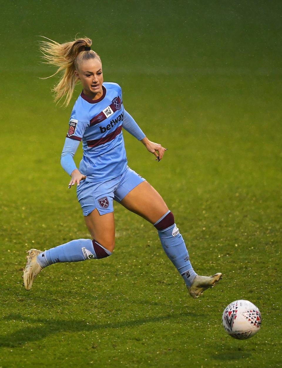 BATH, ENGLAND - DECEMBER 13: Alisha Lehmann of West Ham Women during the Barclays FA Women's Super League match between Bristol City Women and West Ham United Women at Twerton Park on December 13, 2020 in Bath, England. (Photo by Harry Trump/Getty Images)