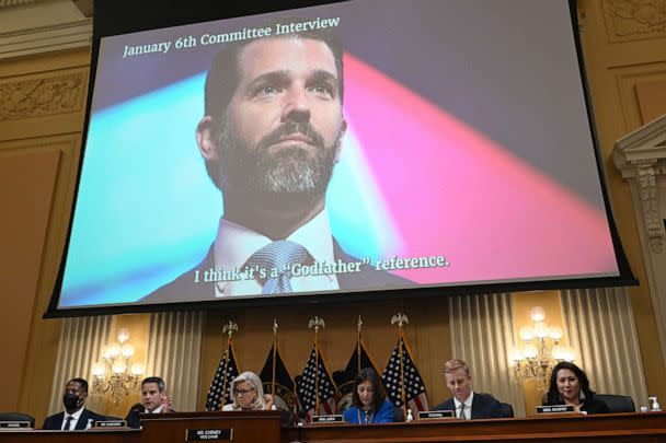 PHOTO: An image of Donald Trump Jr is displayed on a screen during a hearing by the House Select Committee to investigate the January 6th attack on the US Capitol in the Cannon House Office Building in Washington, D.C., on July 21, 2022. (Saul Loeb/AFP via Getty Images)
