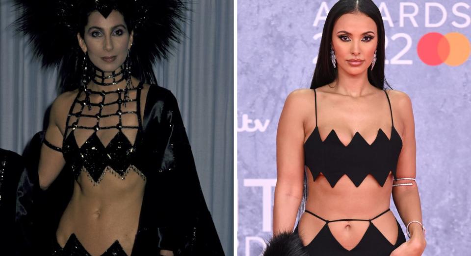 Cher at the 1986 Oscars and Maya Jama at the 2022 BRIT Awards. (Getty Images)