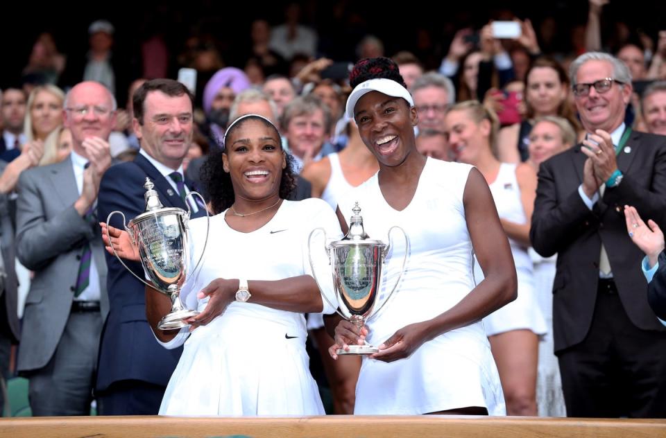 Serena and Venus Williams celebrate victory in the women’s doubles at Wimbledon (Adam Davy/PA Images). (PA Archive)