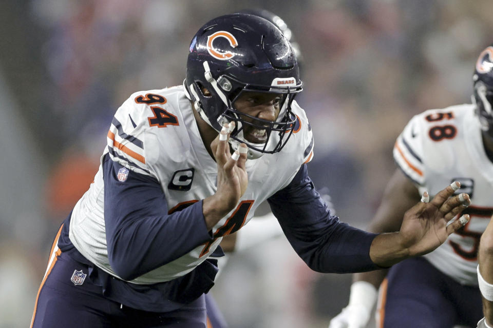 FILE - Chicago Bears defensive end Robert Quinn (94) rushes during the first half of an NFL football game against the New England Patriots, Monday, Oct. 24, 2022, in Foxborough, Mass. The undefeated Philadelphia Eagles acquired three-time Pro Bowl defensive end Robert Quinn from the Bears on Wednesday, Oct. 26, 2022, a person familiar with the situation said. The person spoke on the condition of anonymity because the teams haven’t officially announced the move. Chicago gets a fourth-round pick in return. The NFL Network and ESPN first reported the trade. (AP Photo/Stew Milne, File)