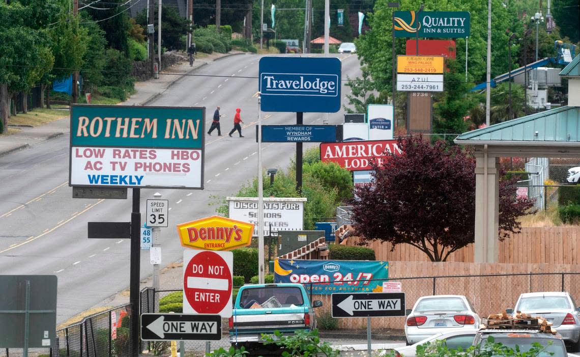 Nearly 40 percent of Tacoma’s 23 licensed hotels (9) are located on Hosmer Street in Tacoma, Washington, shown June 28, 2022. The roughly half-mile stretch running parallel to Interstate 5 is arguably the city’s most dangerous and crime-plagued areas - with five homicides in 2022.