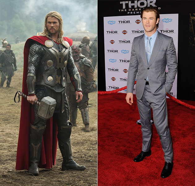 Chris Hemsworth als Donnergott (l.) und bei der Premiere zu „Thor: The Dark World“ als halbes Hemd. (Bilder: ddp images, Getty Images)
