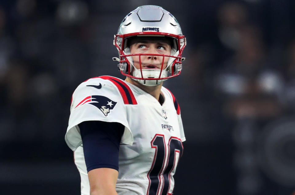 New England Patriots quarterback Mack Jones has often shown his displeasure on the field when things go wrong.  (Photo by Jim Davis/The Boston Globe via Getty Images)