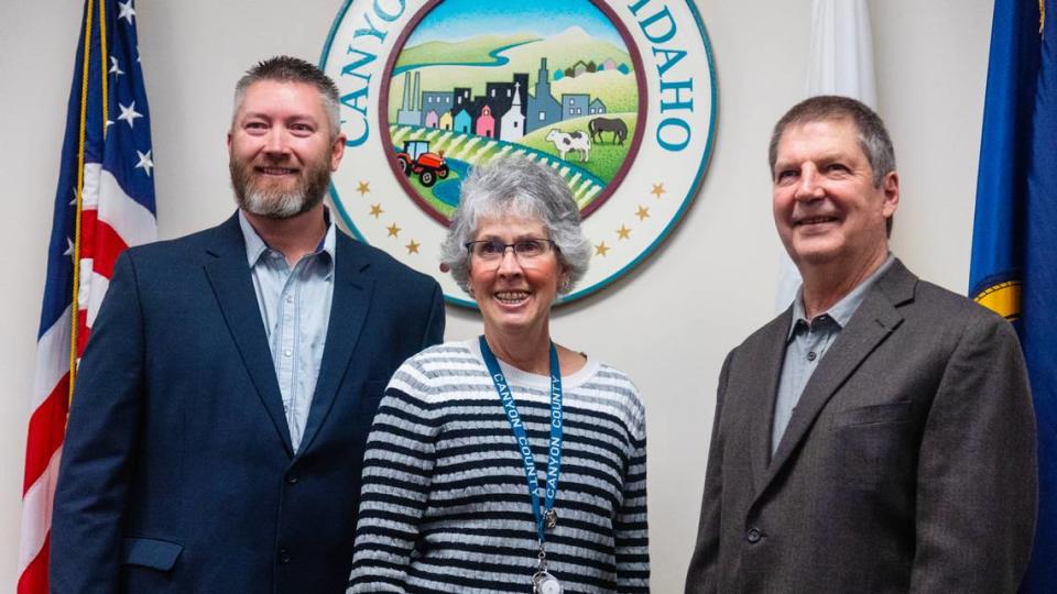 Canyon County commissioners Zach Brooks, Leslie Van Beek and Brad Holton in January 2023.