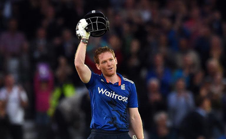 England captain Eoin Morgan, pictured on June 17, 2015, wins the toss and elects to bat against New Zealand in the lone Twenty20 international at Old Trafford
