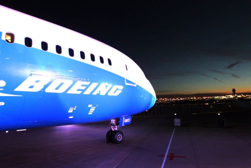 A Boeing 787 Dreamliner sits on the tarmac at Lambert-St. Louis International Airport during a media tour in St. Louis on January 30, 2012. Dave Calhoun, president and CEO of Boeing announced his departure from the company on Monday. File Photo by Bill Greenblatt/UPI