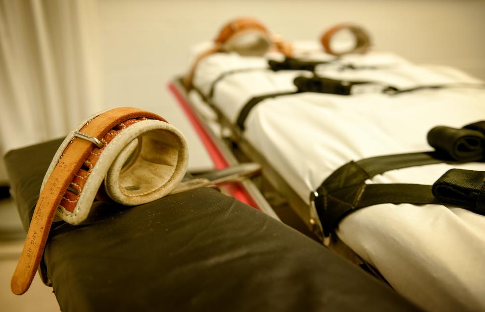 The arm and foot straps on the gurney when used for lethal injections are seen inside the execution chamber at the Riverbend Maximum Security Institution in Nashville on March 2, 2017.