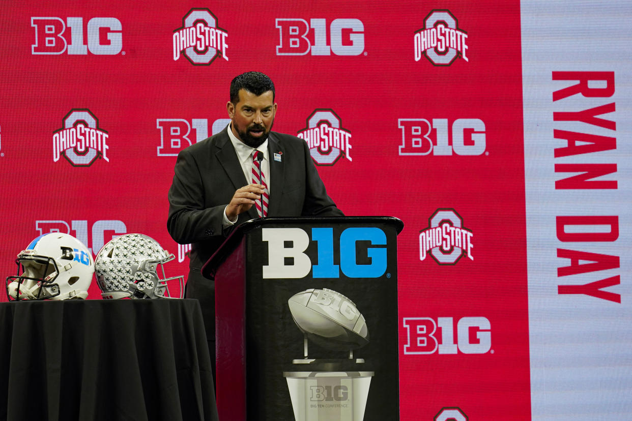 Ohio State head coach Ryan Day talks to reporters during an NCAA college football news conference at the Big Ten Conference media days, at Lucas Oil Stadium in Indianapolis, Friday, July 23, 2021. (AP Photo/Michael Conroy)