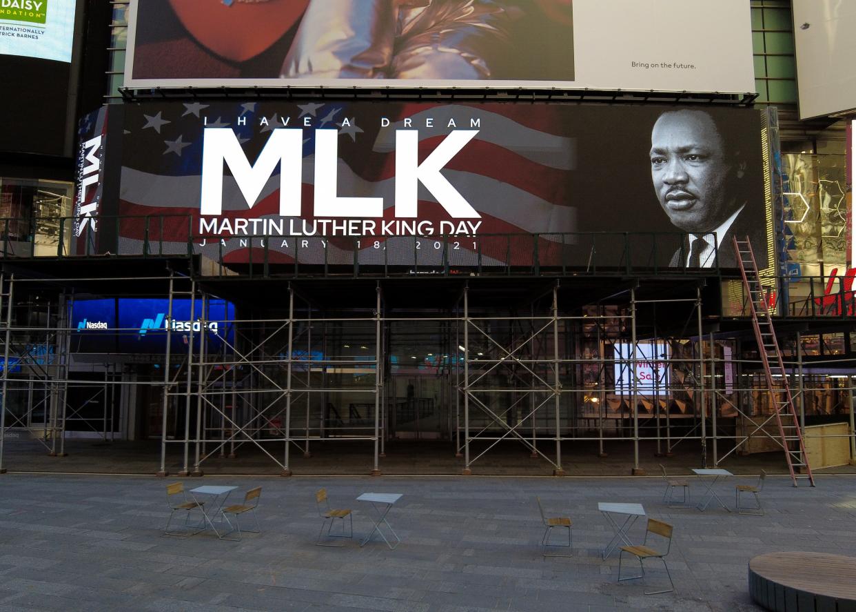 NEW YORK, NEW YORK - JANUARY 18: Digital billboards commemorate Martin Luther King, Jr. Day in Times Square on January 18, 2021 in New York City. (Photo by Dia Dipasupil/Getty Images) (Getty Images)