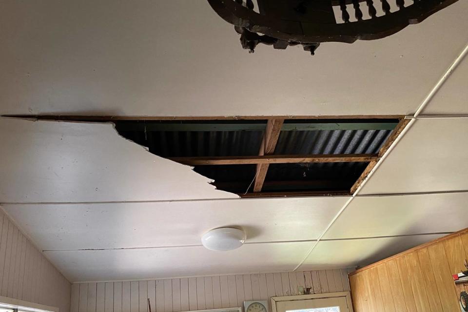 The damage to the kitchen ceiling after two snakes fell through (Steven Brown/Brisbane North Snake Catchers and Relocation)