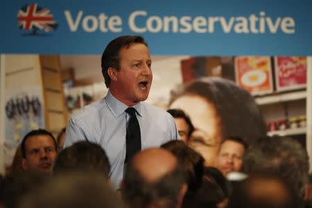 Britiain's Prime Minister David Cameron, gives a speech during an election campaign visit to the Institute of Chartered Accountants in London, England, on April 27, 2015. REUTERS/Adrian Dennis/Pool