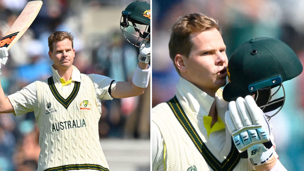 Pictured here, Steve Smith celebrates his seventh Test century in England.