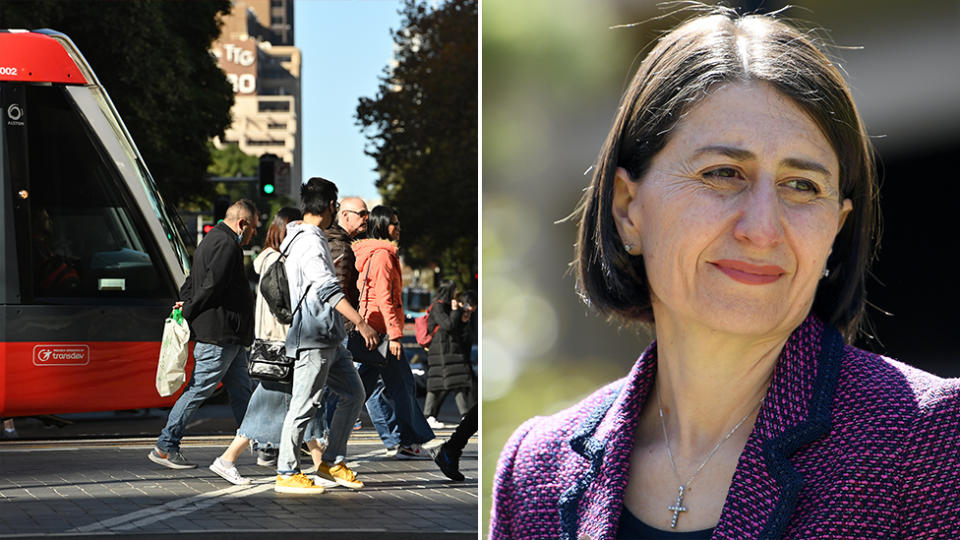 Pictured left is commuters walking pasty a tram. Right is NSW premier Gladys Berejiklian.