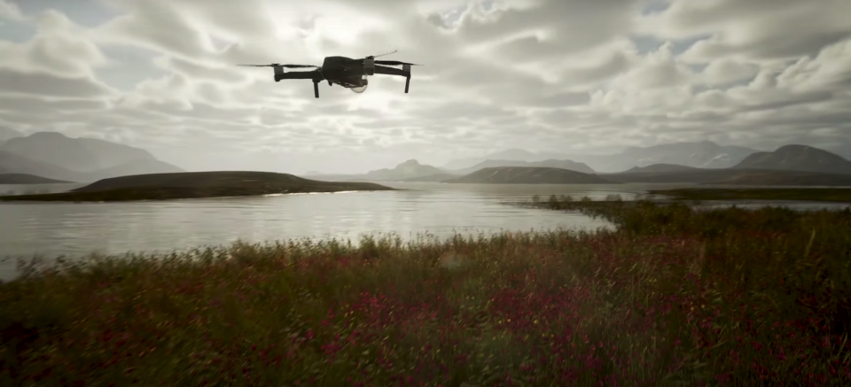 Photography Simulator -- a drone flies over a lake