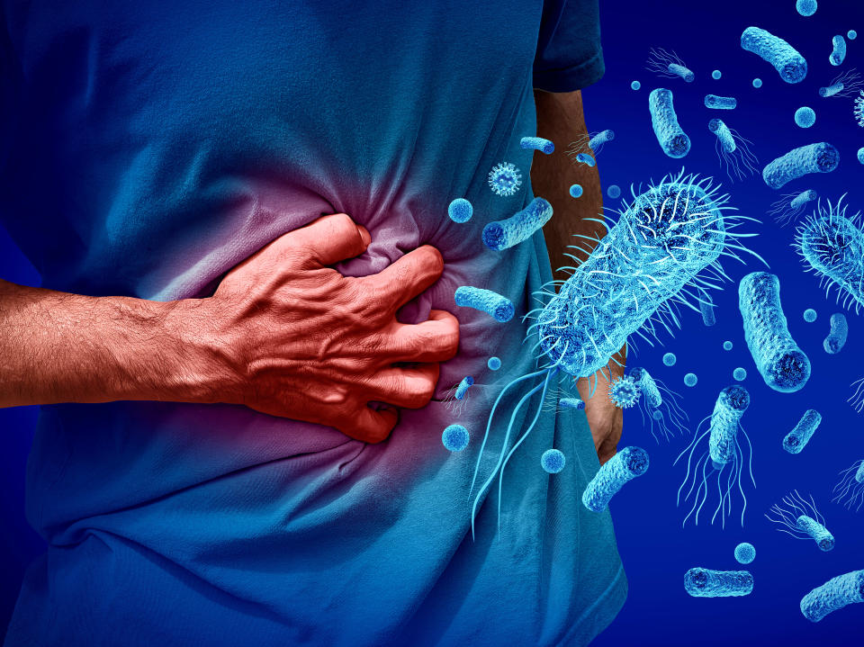 Food borne illness and stomach ache or abdominal pain with painful pain in digestive system as abdominal disease or stomach infection with 3D illustration elements.