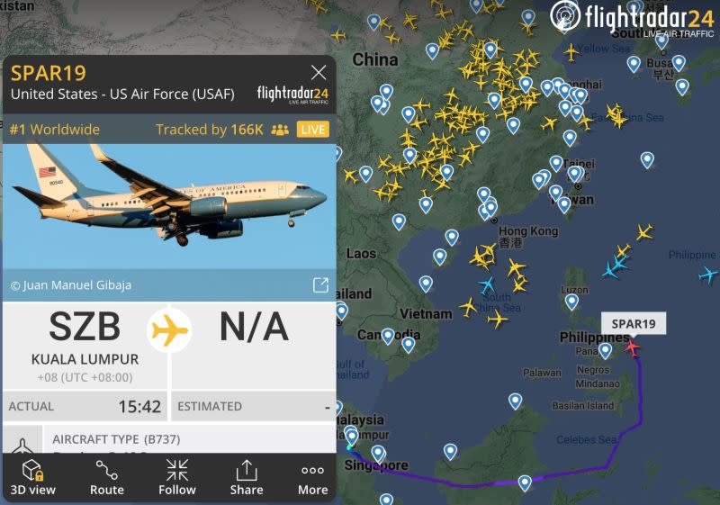 ▲裴洛西的專機已飛抵菲律賓東方海面。（圖／翻攝自Flightradar24網站）