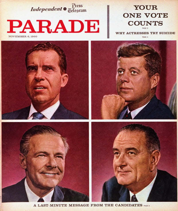 <p>On the eve of the presidential election, candidates Richard M. Nixon and John F. Kennedy encouraged <em>Parade</em> readers to get out there and vote! “If you are told that in 60 or 70 million votes yours is of no importance, don’t believe it!” JFK said. “This is the most important election of the century and perhaps of our whole history. In previous elections there has been talk of “saving the country.” In this election the question is the preservation of civilization. YOU will make the decision.” Pointing out the value of every single vote, Nixon wrote, “Om 1916, less that one vote in each precinct in California lost the presidential election for Republican Charles Evans Hughes to Woodrow Wilson. </p>