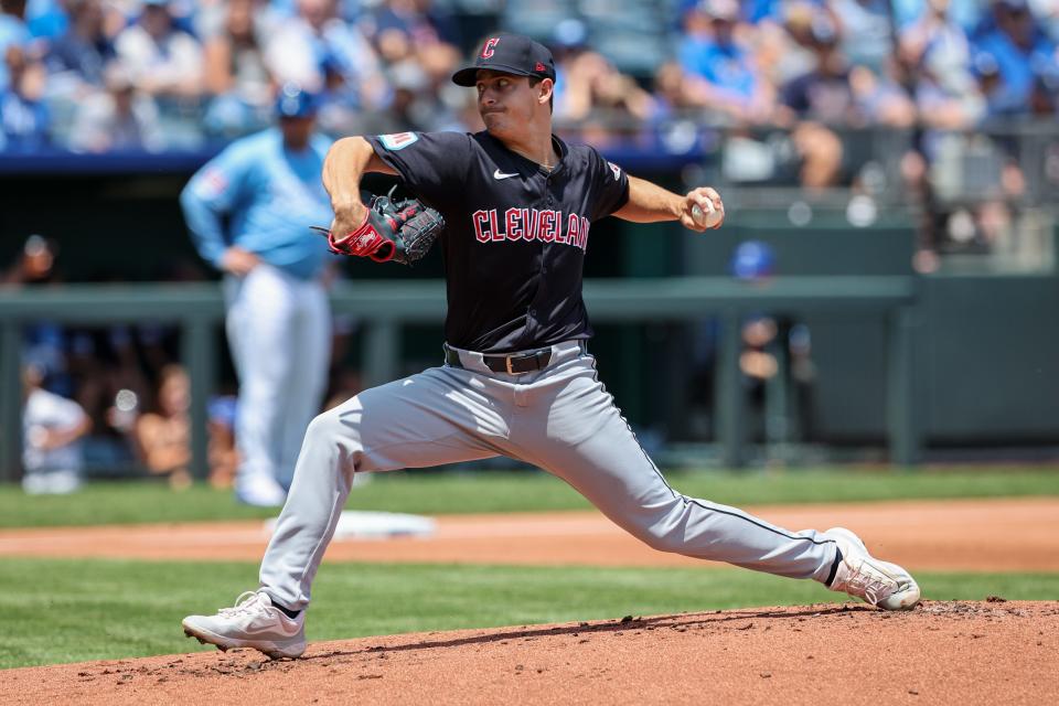 Cleveland Guardians pitcher Logan Allen (41) pitches against the Kansas City Royals on Sunday in Kansas City, Missouri.