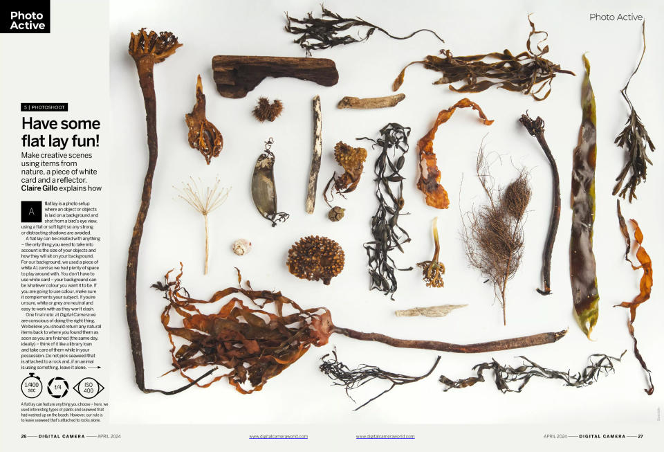 Two pages from the photo technique section of Digital Camera magazine's April 2024 issue, about photographing a flay lay of found items in nature