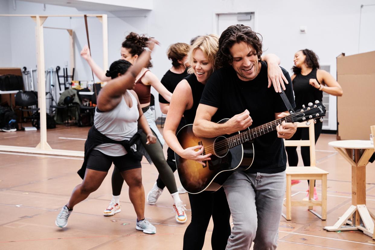 Robyn Hurder and Will Swenson rehearse a scene from “A Beautiful Noise,” June 1, 2022, at Open Jar Studios in New York City. The musical about Neil Diamond’s life premieres in Boston on June 21 before heading to Broadway.