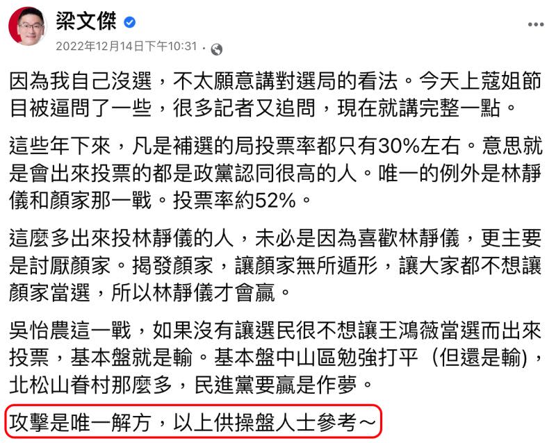 ▲梁文傑曾在評論吳怡農的選戰時說：「攻擊是唯一解方」。（圖／翻攝自梁文傑臉書）