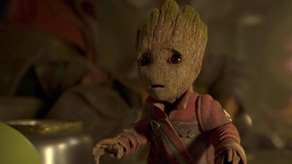 Sad Baby Groot in his Ravagers uniform from Guardians of the Galaxy Vol. 2