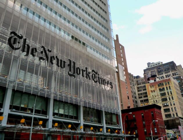 The New York Times headquarters in Manhattan. The newspaper’s lawsuit this week against Microsoft and OpenAI asks a federal judge to order the destruction of all AI large language models trained on its copyrighted material. (GeekWire Photo / Kurt Schlosser)