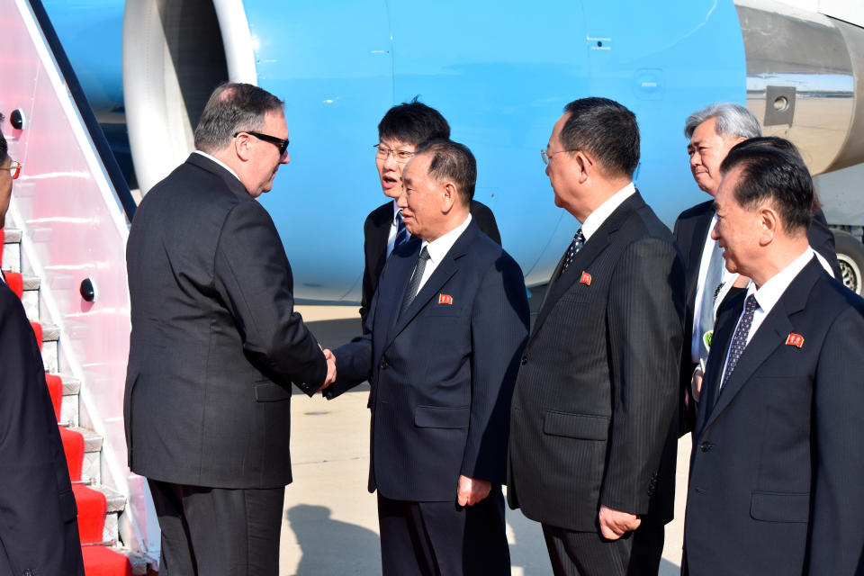 U.S. Secretary of State Mike Pompeo (left) is greeted by&nbsp;Kim Yong Chol in Pyongyang on May 9, 2018. (Photo: Reuters)